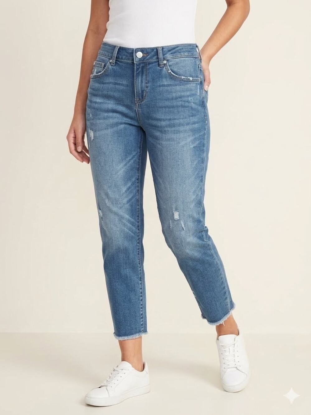 Flamingals M Women Skinny Crop Jeans Mid Rise Frayed Hem Distressed Blue NWT